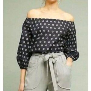 Maeve Anthropologie Maiden Off-The-Shoulder Blouse 3/4 Sleeve Blue White Pinwhee